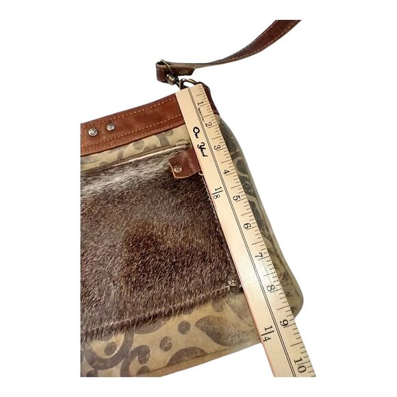Myra Bag Composition Crossbody Purse Cowhide Leather & Canvas Western Boho - Picture 5 of 12